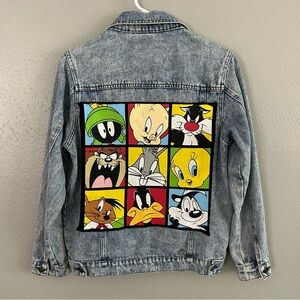 VTG Looney Tunes Denim Jean Jacket Bugs Taz Tweety Porky Marvin Graphic Size S